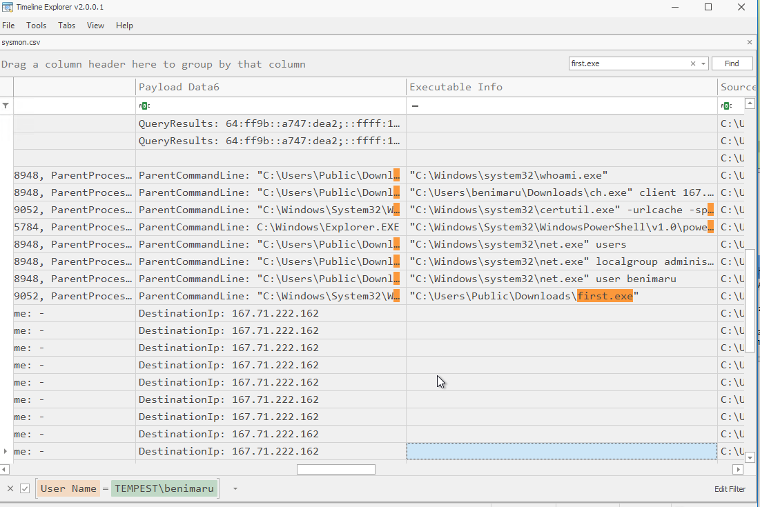 Timeline Explorer log row showing full ch.exe client tunnel command