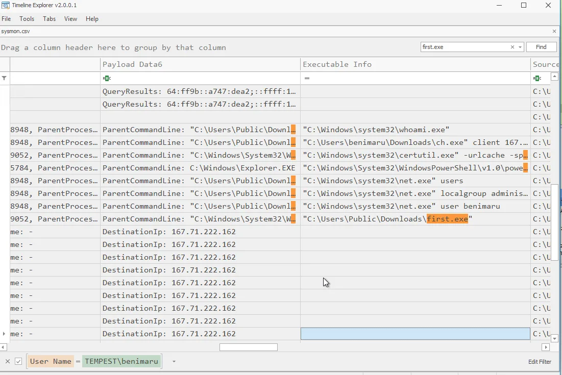 Timeline Explorer log row showing full ch.exe client tunnel command