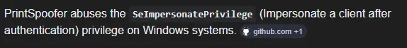 log entry noting SeImpersonatePrivilege as the abused privilege