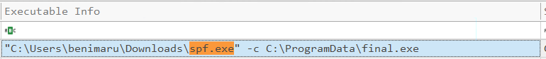 command log showing spf.exe -c final.exe execution