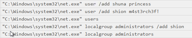 SYSTEM-context log showing net user shion and net user shuna commands
