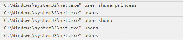 log showing net localgroup command missing the /add argument