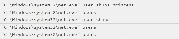 log showing net localgroup command missing the /add argument
