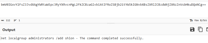 Brim log confirming net localgroup administrators /add shion executed successfully
