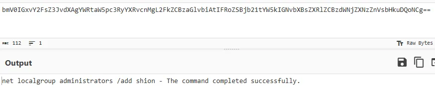 Brim log confirming net localgroup administrators /add shion executed successfully