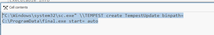 Timeline Explorer log showing sc.exe TempestUpdate2 create command