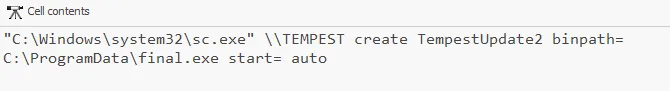 second log confirming sc.exe service creation parameters