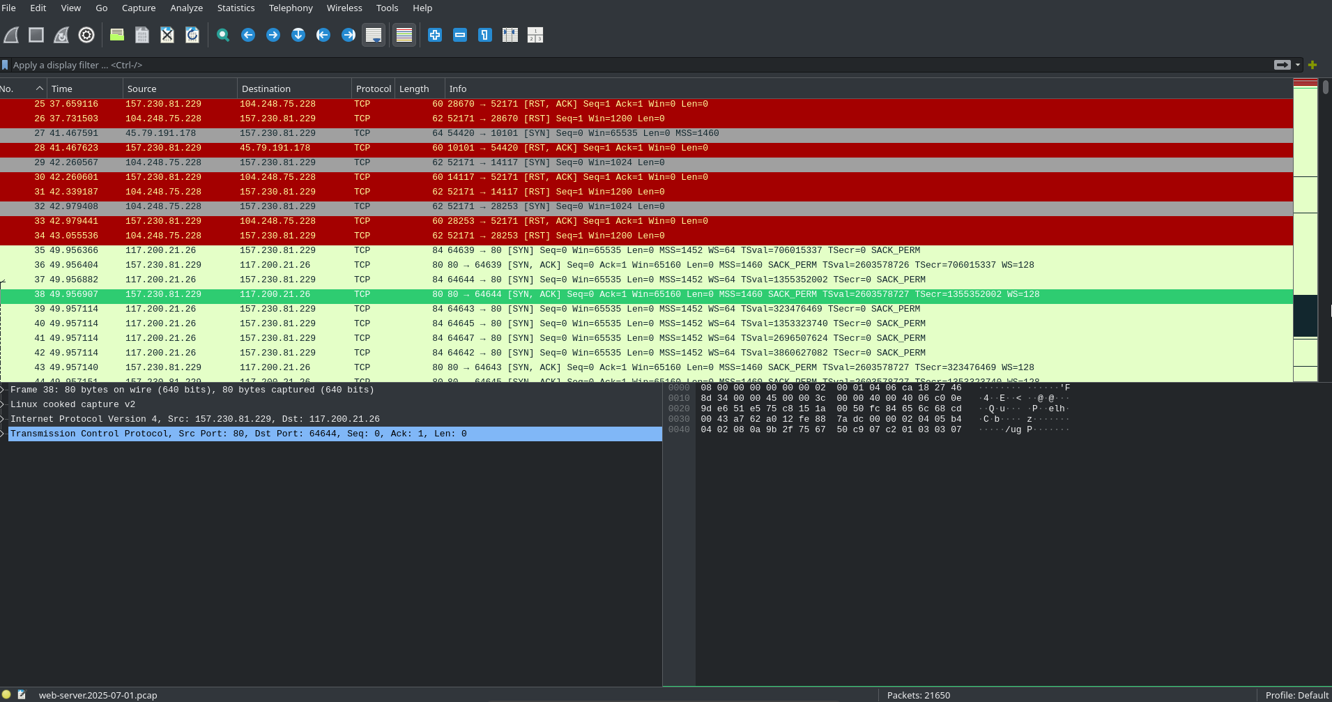 Full pcap view of web server traffic