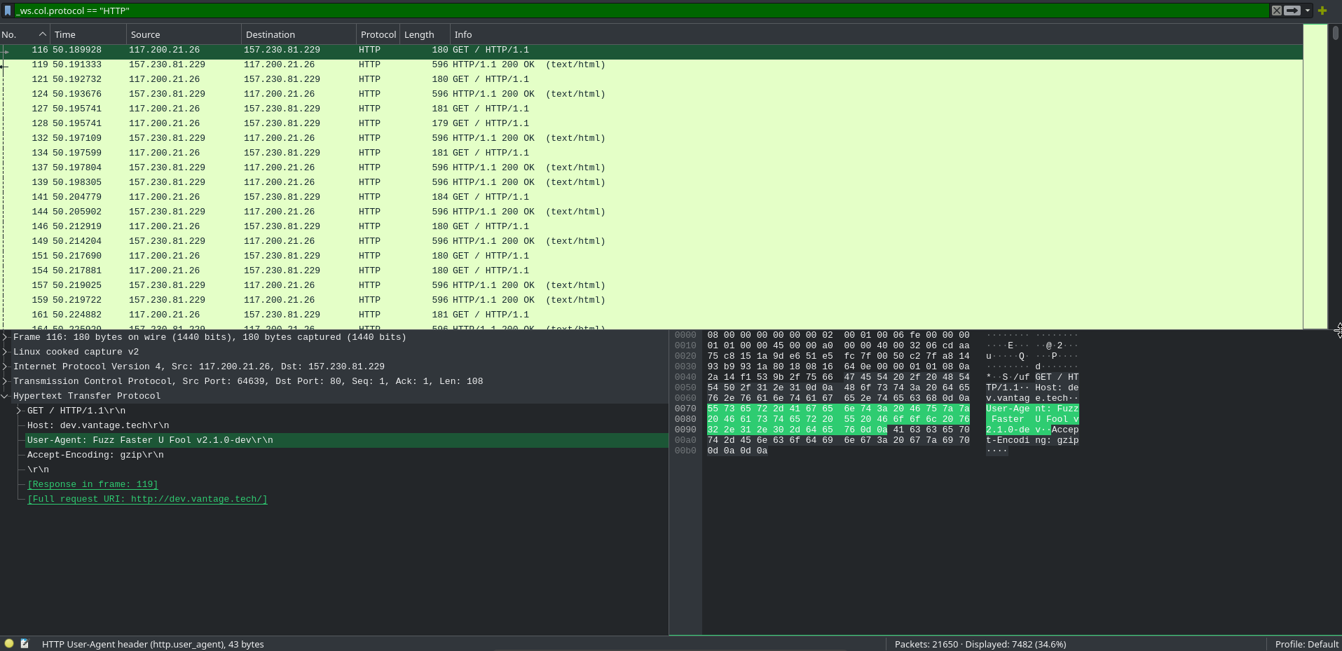 HTTP filter showing FFUF user agent string