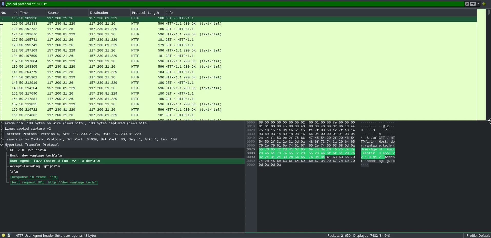 HTTP filter showing FFUF user agent string