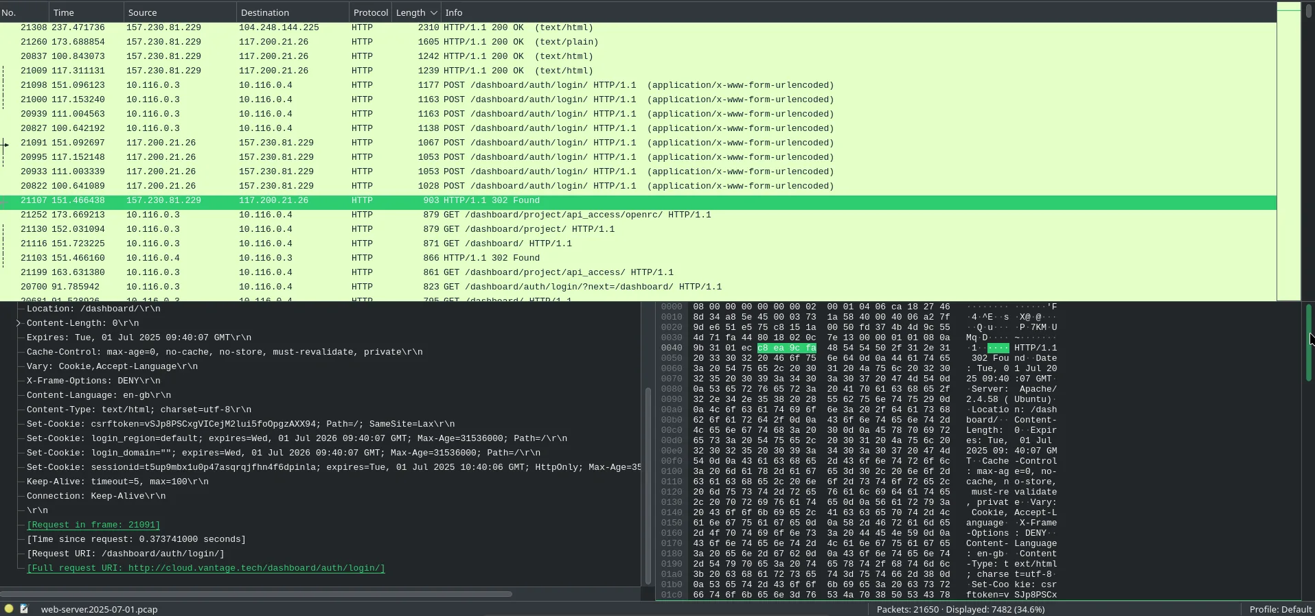 Login attempts in Wireshark with redirect to dashboard