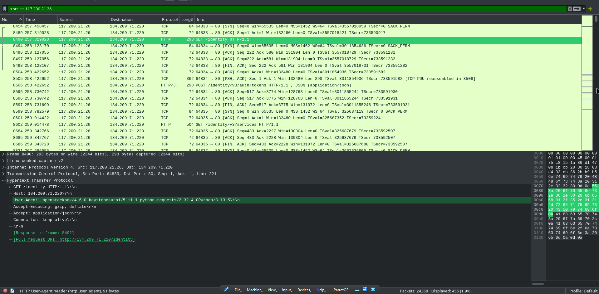 Wireshark showing attacker IP hitting controller with openstacksdk user agent