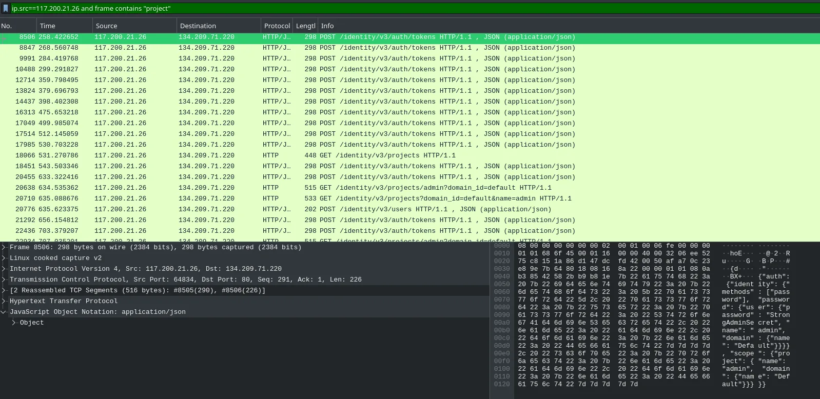 Wireshark filter searching for project