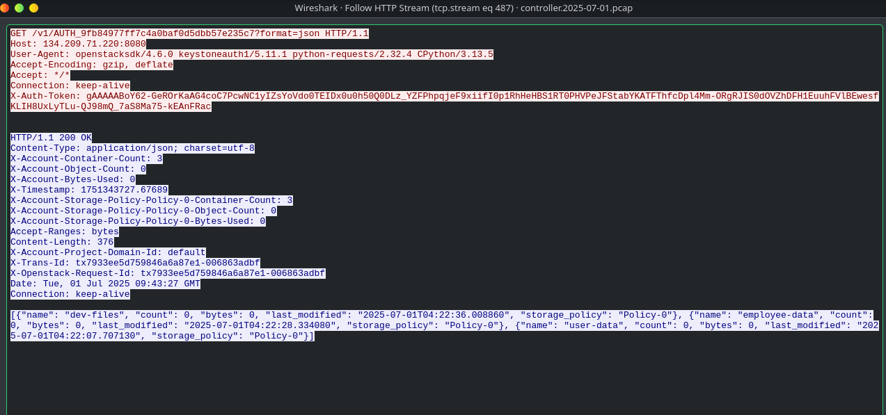 Wireshark results showing Swift container enumeration