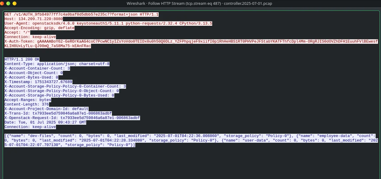Wireshark results showing Swift container enumeration
