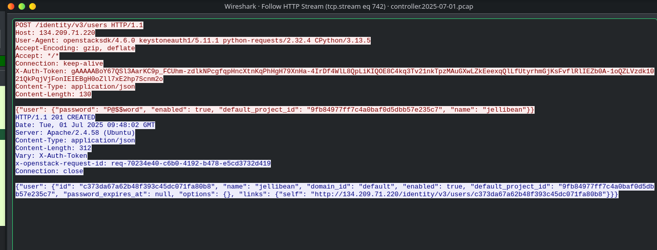 Wireshark showing POST to identity/v3/users with new account details