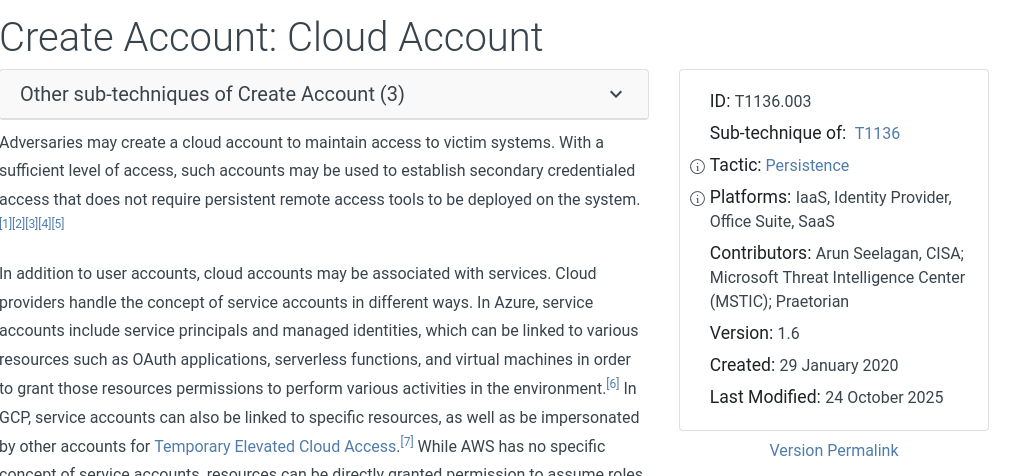 MITRE ATT&CK page for Create Account technique