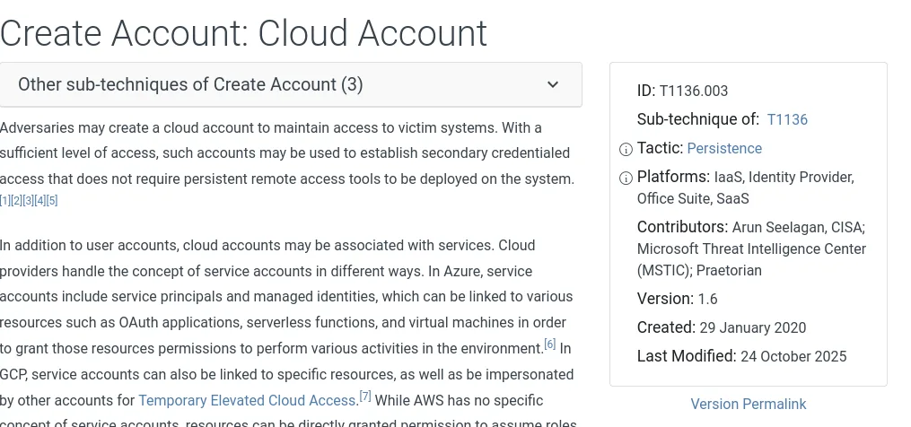MITRE ATT&CK page for Create Account technique